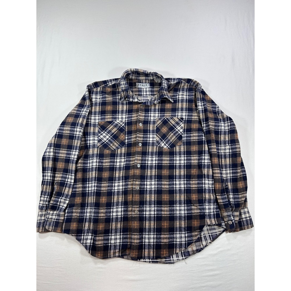 Forte Mens Flannel Shirt Large Blue Brown White Plaid Cotton Button Down L